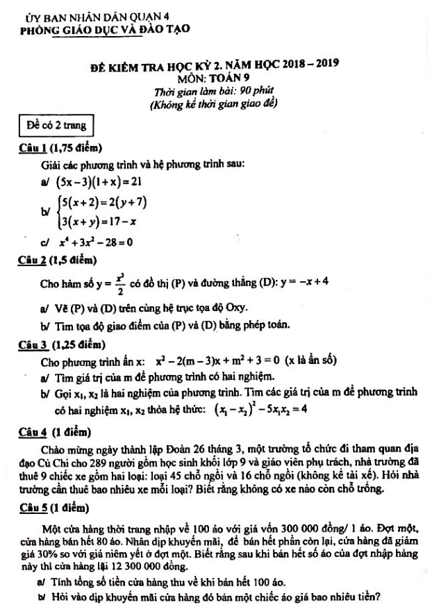 Đề thi học kỳ 2 Toán 9 năm 2018 – 2019 phòng GD&ĐT Quận 4 – TP HCM