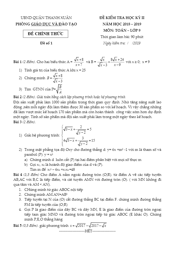 Đề thi học kỳ 2 Toán 9 năm 2018 – 2019 phòng GD&ĐT Thanh Xuân – Hà Nội