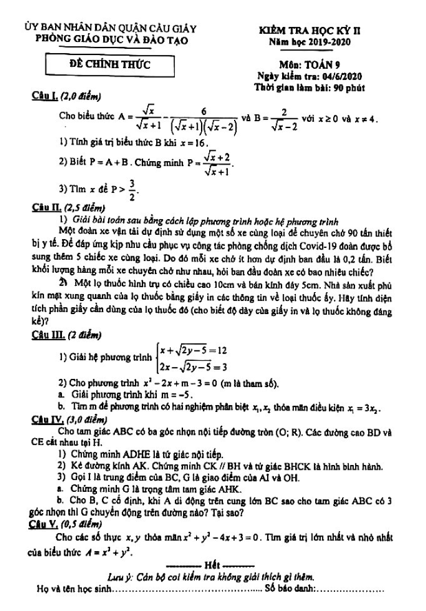 Đề thi học kỳ 2 Toán 9 năm 2019 – 2020 phòng GD&ĐT Cầu Giấy – Hà Nội