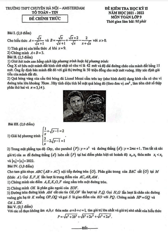 Đề thi học kỳ 2 Toán 9 năm 2021 – 2022 trường chuyên Hà Nội – Amsterdam
