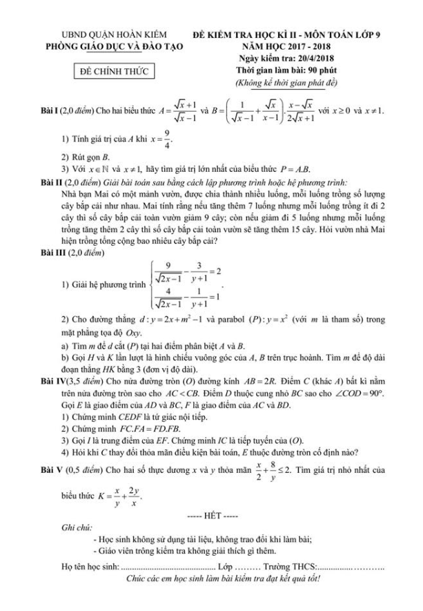 Đề thi học kỳ 2 Toán 9 năm học 2017 – 2018 phòng GD và ĐT Hoàn Kiếm – Hà Nội
