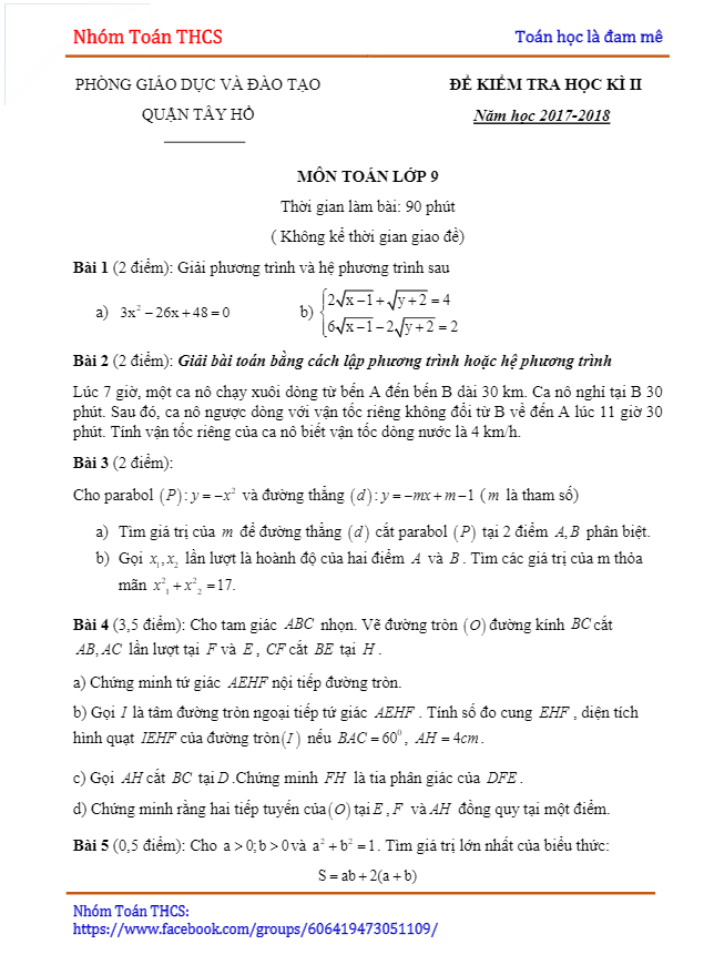 Đề thi học kỳ 2 Toán 9 năm học 2017 – 2018 phòng GD và ĐT Tây Hồ – Hà Nội