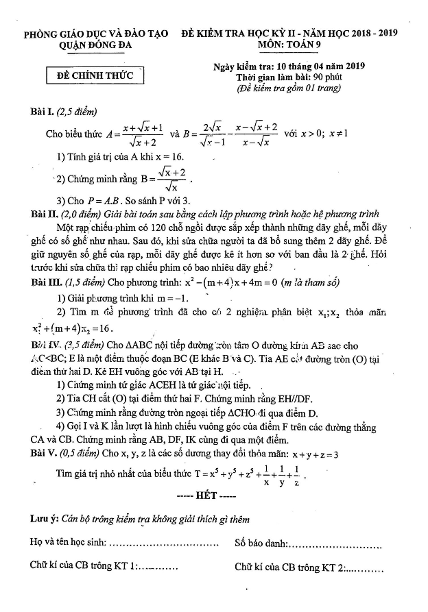 Đề thi học kỳ 2 Toán 9 năm học 2018 – 2019 phòng GD&ĐT Đống Đa – Hà Nội