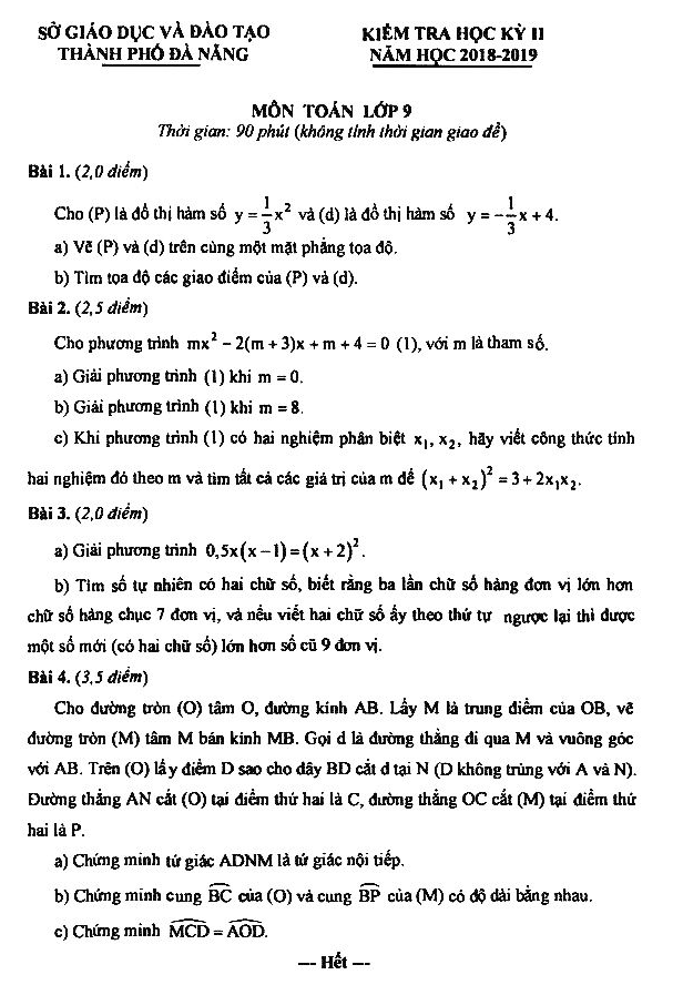Đề thi học kỳ 2 Toán 9 năm học 2018 – 2019 sở GD&ĐT Đà Nẵng
