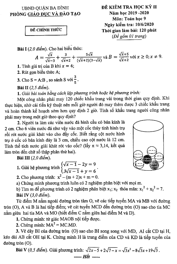 Đề thi học kỳ 2 Toán 9 năm học 2019 – 2020 phòng GD&ĐT Ba Đình – Hà Nội