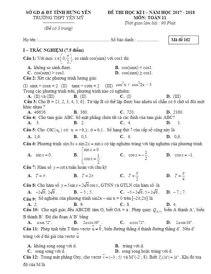 Đề thi học kỳ I Toán 11 năm học 2017 – 2018 trường THPT Yên Mỹ – Hưng Yên