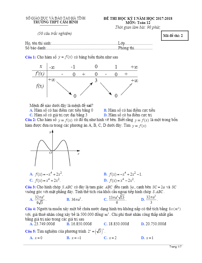 Đề thi học kỳ I Toán 12 năm học 2017 – 2018 trường THPT Cẩm Bình – Hà Tĩnh