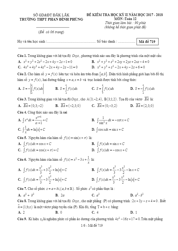 Đề thi học kỳ II Toán 12 năm 2017 – 2018 trường Phan Đình Phùng – Đắk Lắk