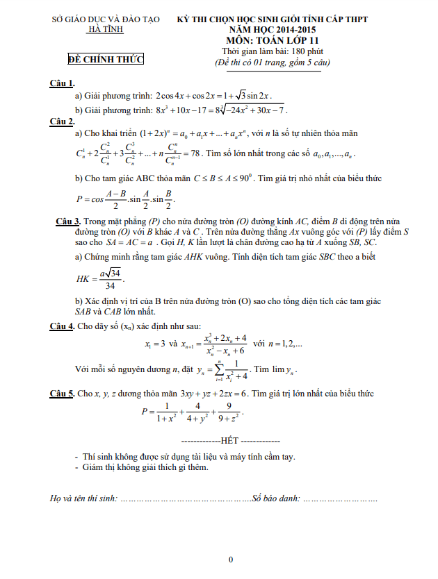 Đề thi học sinh giỏi cấp tỉnh Toán 11 năm 2014 – 2015 sở GD&ĐT Hà Tĩnh