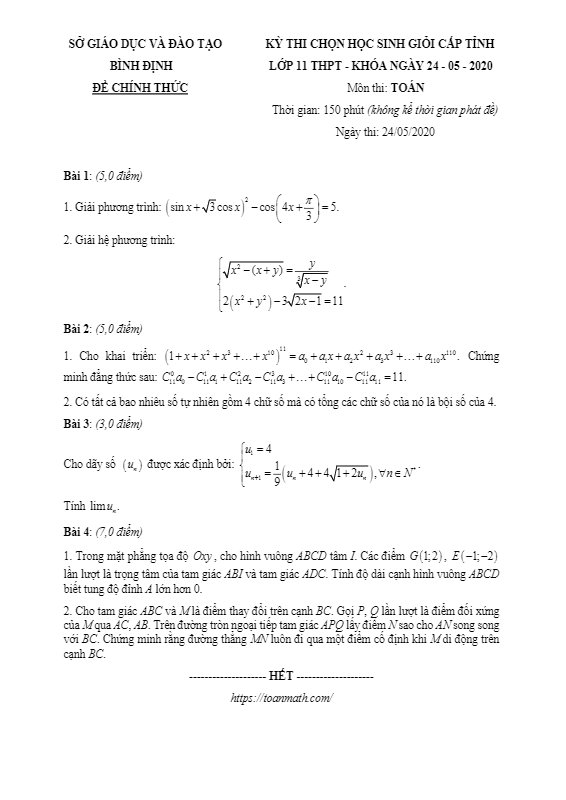 Đề thi học sinh giỏi cấp tỉnh Toán 11 năm 2019 – 2020 sở GD&ĐT Bình Định