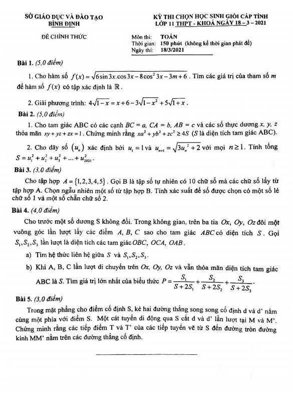 Đề thi học sinh giỏi cấp tỉnh Toán 11 năm 2020 – 2021 sở GD&ĐT Bình Định
