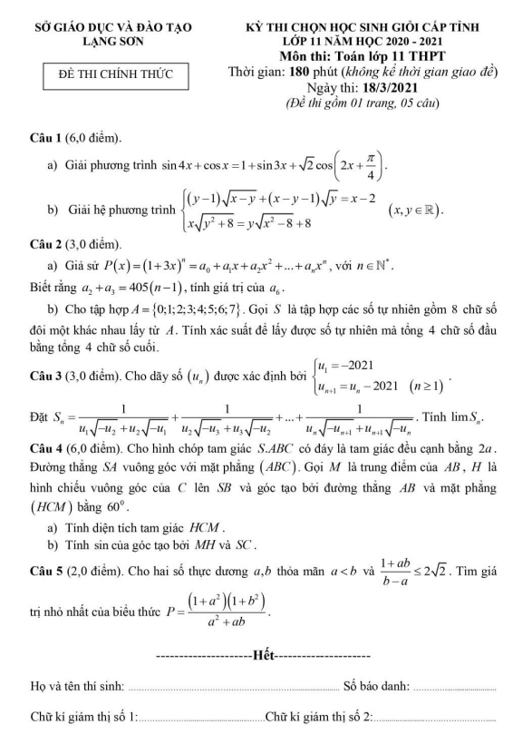 Đề thi học sinh giỏi cấp tỉnh Toán 11 năm 2020 – 2021 sở GD&ĐT Lạng Sơn