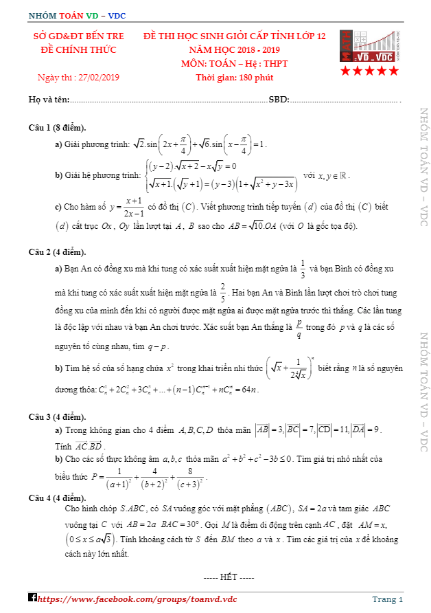 Đề thi học sinh giỏi cấp tỉnh Toán 12 năm 2018 – 2019 sở GD&ĐT Bến Tre