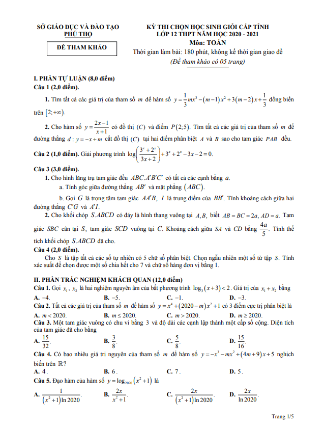 Đề thi học sinh giỏi cấp tỉnh Toán 12 năm 2020 – 2021 sở GD&ĐT Phú Thọ