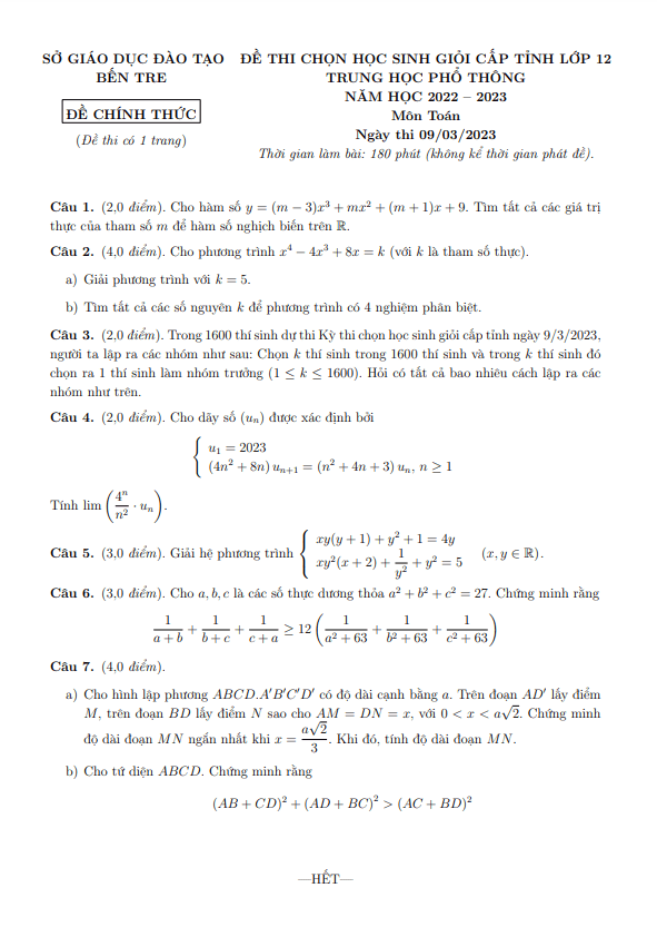 Đề thi học sinh giỏi cấp tỉnh Toán 12 năm 2022 – 2023 sở GD&ĐT Bến Tre
