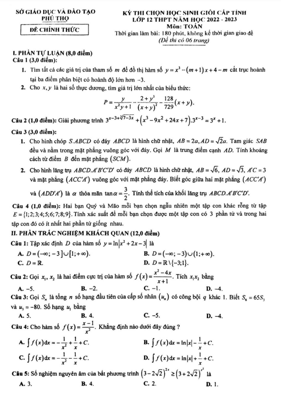 Đề thi học sinh giỏi cấp tỉnh Toán 12 năm 2022 – 2023 sở GD&ĐT Phú Thọ