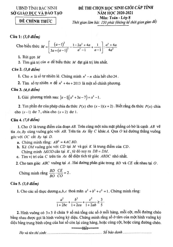 Đề thi học sinh giỏi cấp tỉnh Toán 8 năm 2020 – 2021 sở GD&ĐT Bắc Ninh