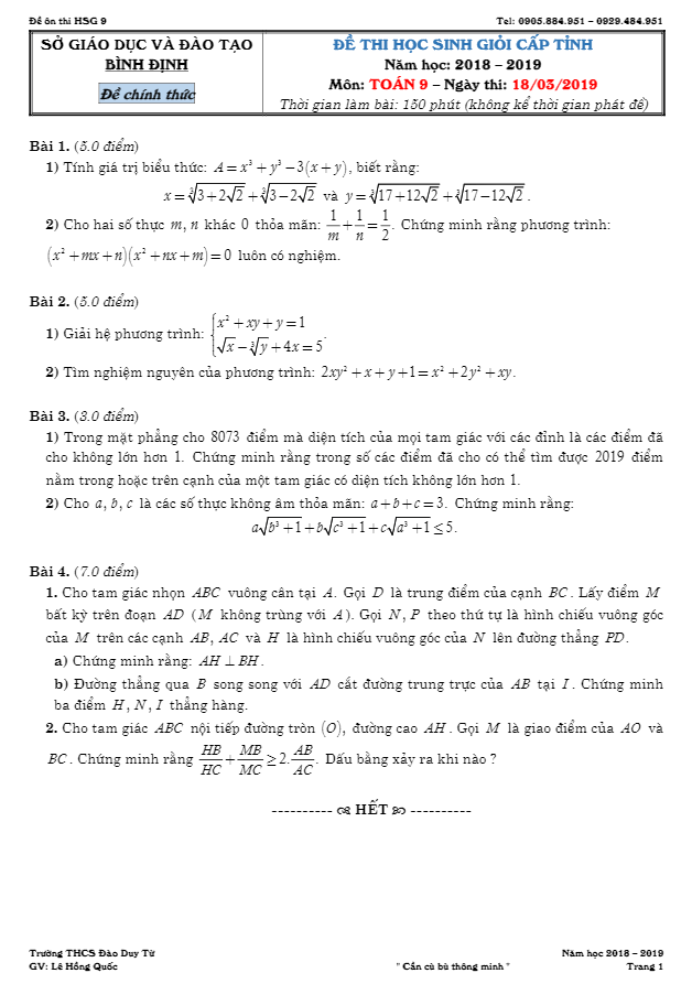 Đề thi học sinh giỏi cấp tỉnh Toán 9 năm 2018 – 2019 sở GD&ĐT Bình Định