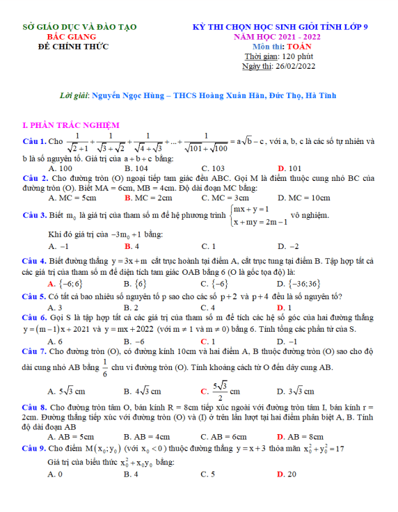 Đề thi học sinh giỏi cấp tỉnh Toán 9 năm 2021 – 2022 sở GD&ĐT Bắc Giang
