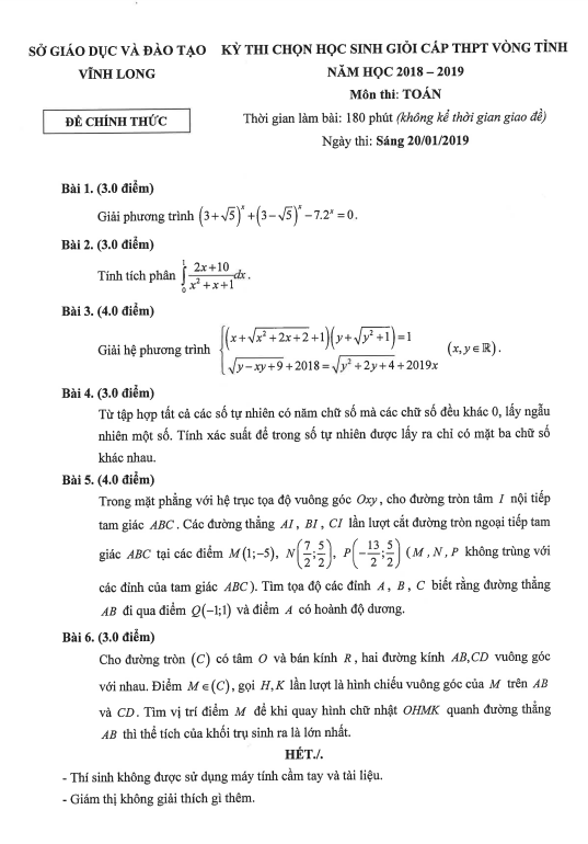 Đề thi học sinh giỏi cấp tỉnh Toán THPT năm 2018 – 2019 sở GD&ĐT Vĩnh Long