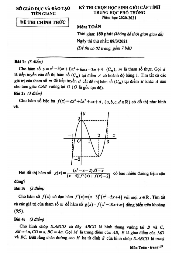 Đề thi học sinh giỏi cấp tỉnh Toán THPT năm 2020 – 2021 sở GD&ĐT Tiền Giang