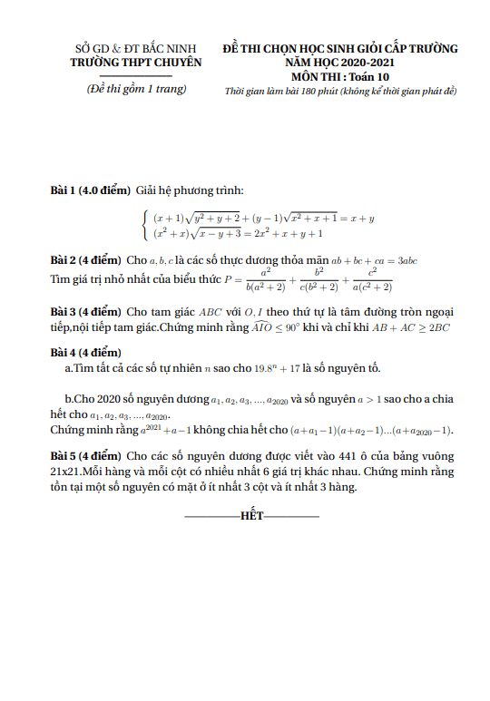 Đề thi học sinh giỏi cấp trường Toán 10 năm 2020 – 2021 trường chuyên Bắc Ninh