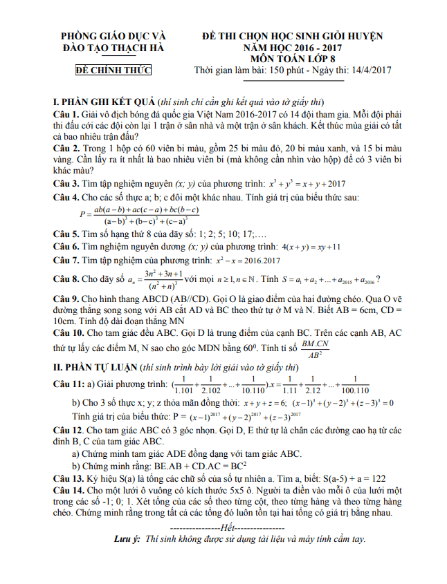 Đề thi học sinh giỏi huyện Toán 8 năm 2016 – 2017 phòng GD&ĐT Thạch Hà – Hà Tĩnh