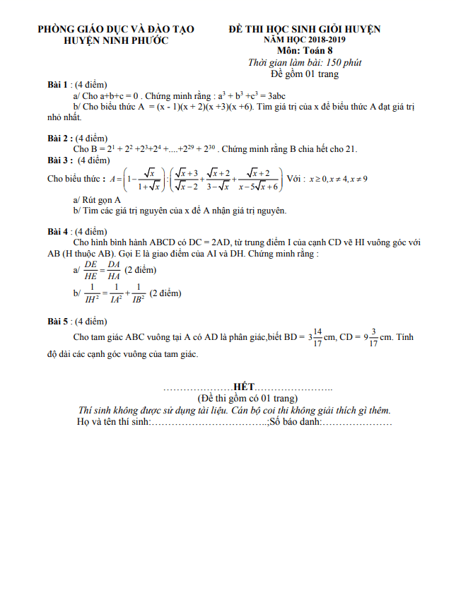 Đề thi học sinh giỏi huyện Toán 8 năm 2018 – 2019 phòng GD&ĐT Ninh Phước – Ninh Thuận