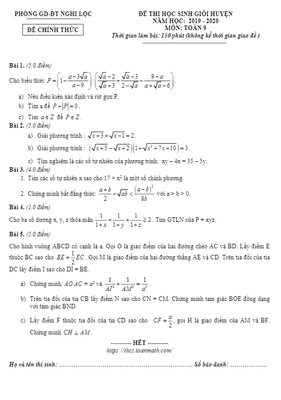 Đề thi học sinh giỏi huyện Toán 9 năm 2019 – 2020 phòng GD&ĐT Nghi Lộc – Nghệ An