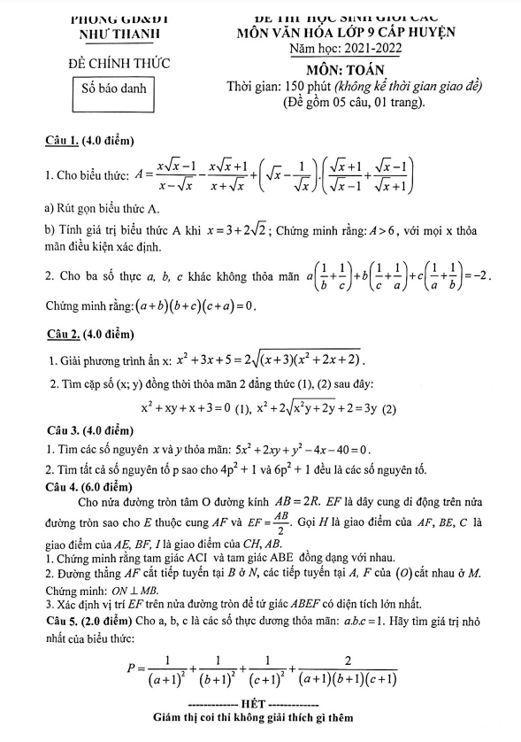 Đề thi học sinh giỏi huyện Toán 9 năm 2021 – 2022 phòng GD&ĐT Như Thanh – Thanh Hoá