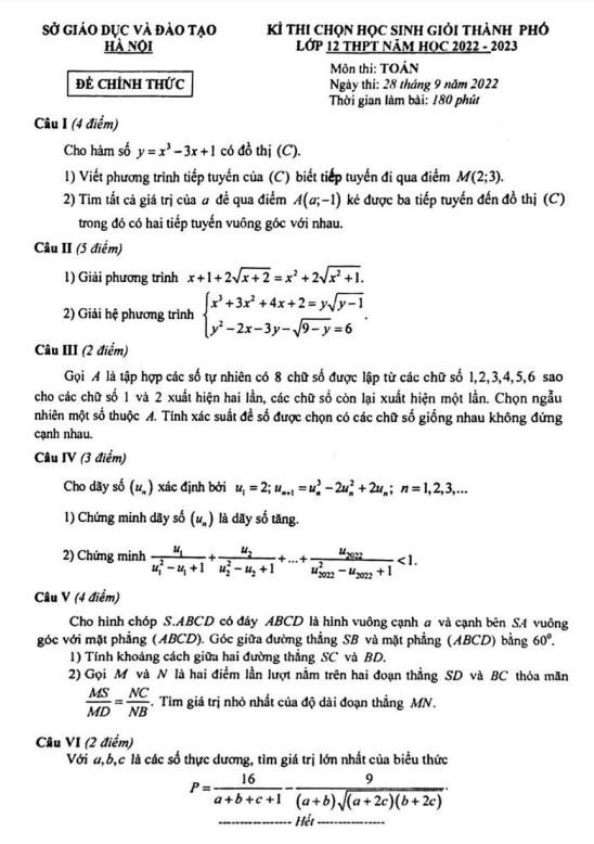 Đề thi học sinh giỏi thành phố Toán 12 năm 2022 – 2023 sở GD&ĐT Hà Nội
