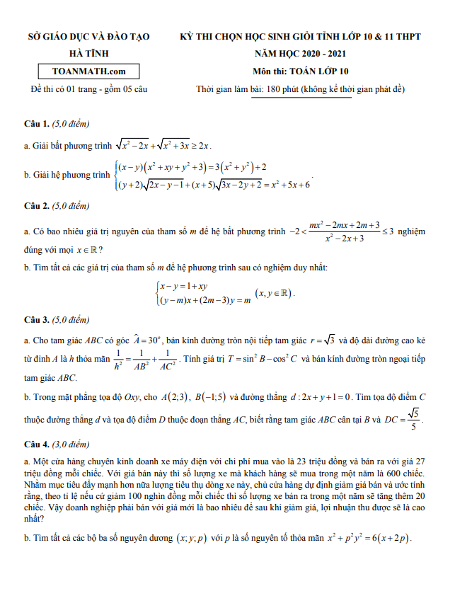 Đề thi học sinh giỏi tỉnh Toán 10 năm 2020 – 2021 sở GD&ĐT Hà Tĩnh
