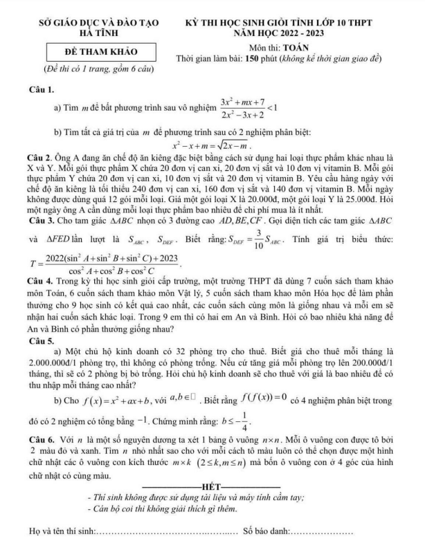 Đề thi học sinh giỏi tỉnh Toán 10 năm 2022 – 2023 sở GD&ĐT Hà Tĩnh