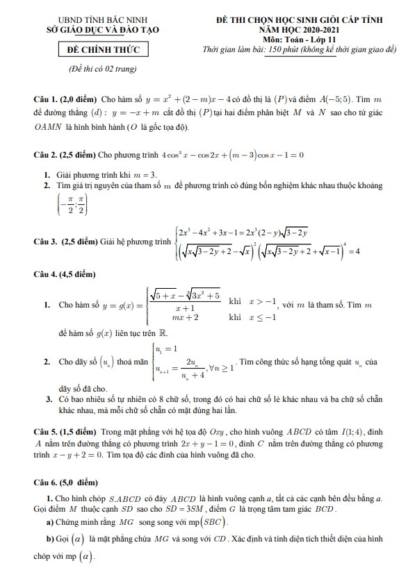 Đề thi học sinh giỏi tỉnh Toán 11 năm 2020 – 2021 sở GD&ĐT Bắc Ninh