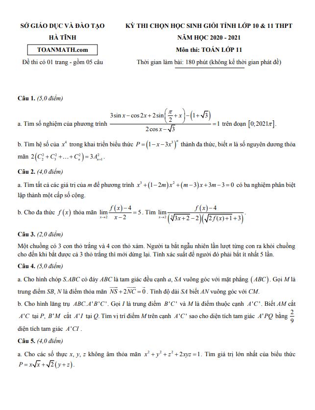 Đề thi học sinh giỏi tỉnh Toán 11 năm 2020 – 2021 sở GD&ĐT Hà Tĩnh