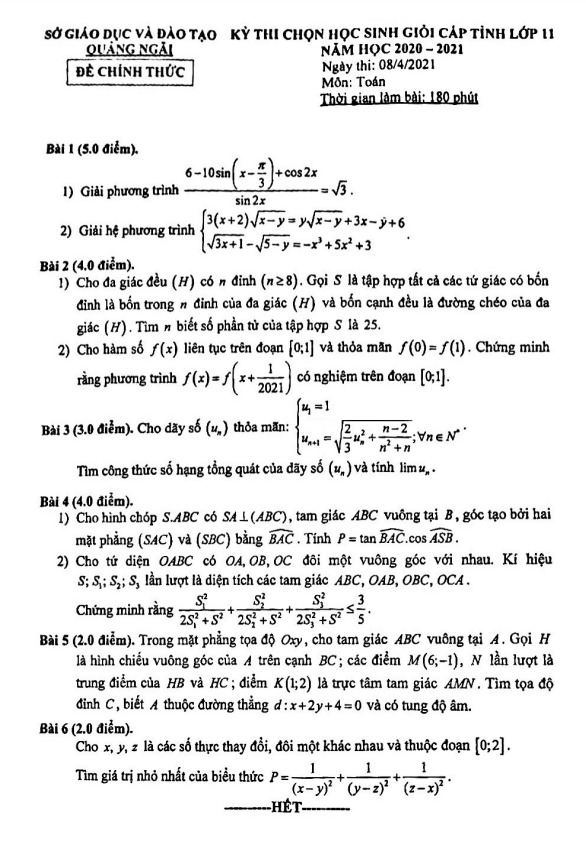 Đề thi học sinh giỏi tỉnh Toán 11 năm 2020 – 2021 sở GD&ĐT Quảng Ngãi