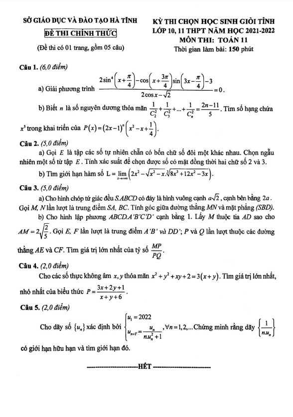 Đề thi học sinh giỏi tỉnh Toán 11 năm 2021 – 2022 sở GD&ĐT Hà Tĩnh