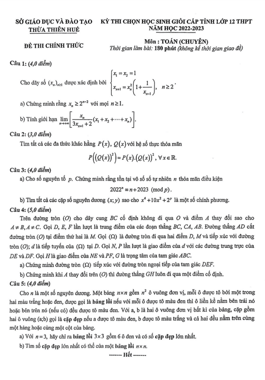Đề thi học sinh giỏi tỉnh Toán 12 (chuyên) năm 2022 – 2023 sở GD&ĐT Thừa Thiên Huế