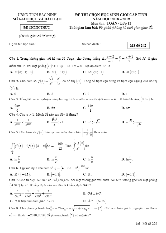 Đề thi học sinh giỏi tỉnh Toán 12 năm 2018 – 2019 sở GD&ĐT Bắc Ninh