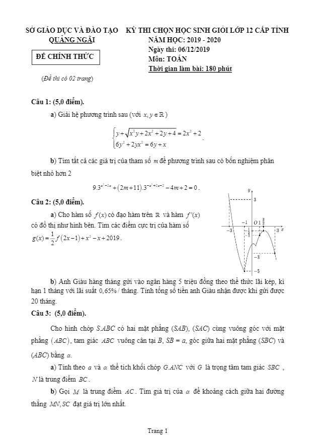 Đề thi học sinh giỏi tỉnh Toán 12 năm 2019 – 2020 sở GD&ĐT Quảng Ngãi