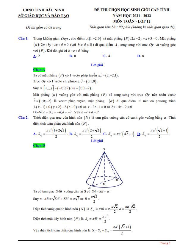 Đề thi học sinh giỏi tỉnh Toán 12 năm 2021 – 2022 sở GD&ĐT Bắc Ninh