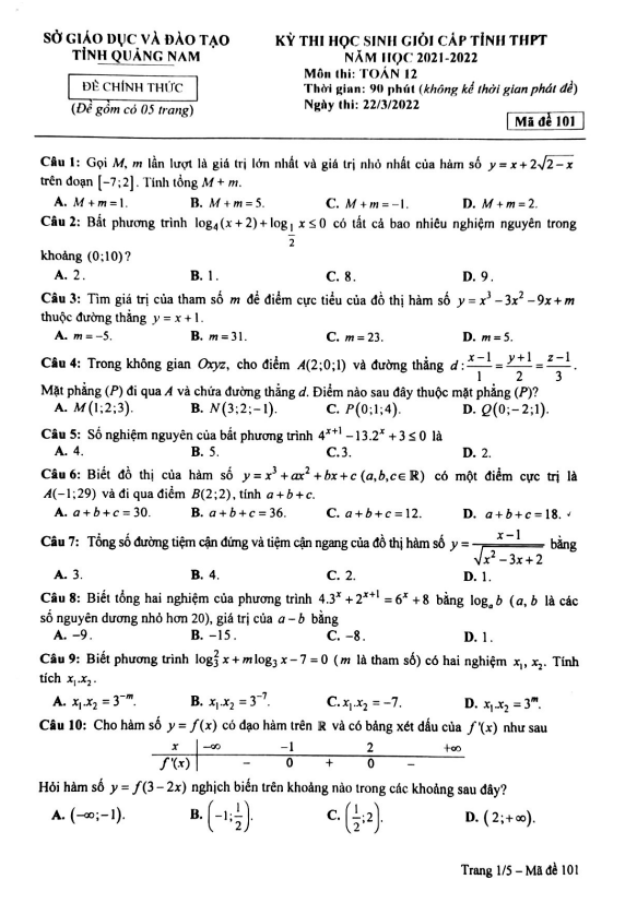 Đề thi học sinh giỏi tỉnh Toán 12 năm 2021 – 2022 sở GD&ĐT Quảng Nam