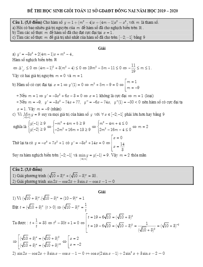 Đề thi học sinh giỏi tỉnh Toán 12 THPT năm 2019 – 2020 sở GD&ĐT Đồng Nai