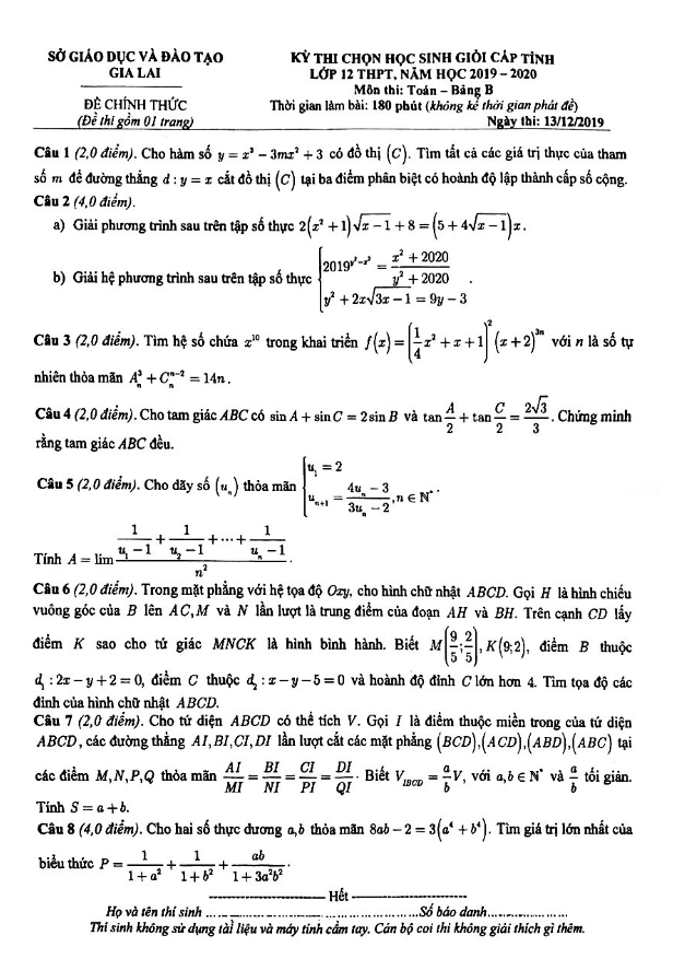 Đề thi học sinh giỏi tỉnh Toán 12 THPT năm 2019 – 2020 sở GD&ĐT Gia Lai