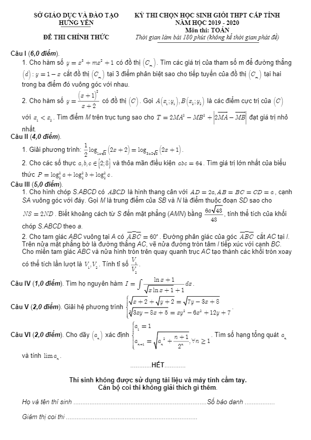Đề thi học sinh giỏi tỉnh Toán 12 THPT năm 2019 – 2020 sở GD&ĐT Hưng Yên