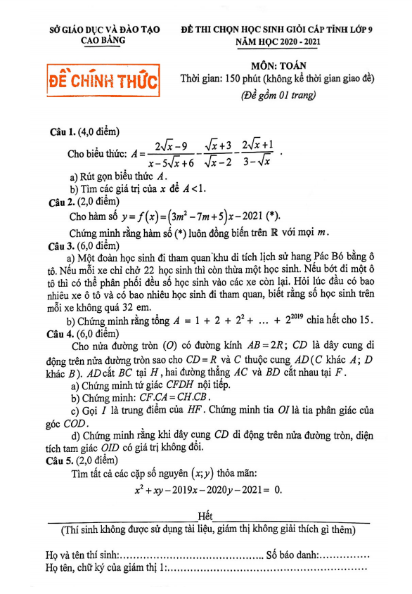 Đề thi học sinh giỏi tỉnh Toán 9 năm 2020 – 2021 sở GD&ĐT Cao Bằng