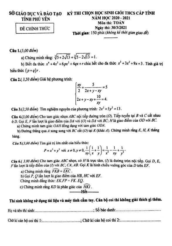 Đề thi học sinh giỏi tỉnh Toán 9 năm 2020 – 2021 sở GD&ĐT Phú Yên