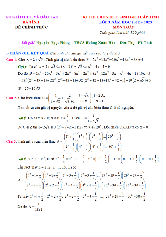 Đề thi học sinh giỏi tỉnh Toán 9 năm 2022 – 2023 sở GD&ĐT Hà Tĩnh