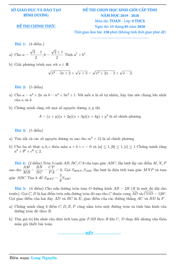 Đề thi học sinh giỏi tỉnh Toán 9 năm học 2019 – 2020 sở GD&ĐT Bình Dương