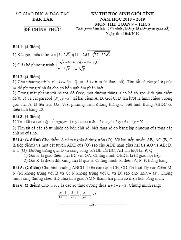 Đề thi học sinh giỏi tỉnh Toán 9 THCS năm 2018 – 2019 sở GD&ĐT Đăk Lăk